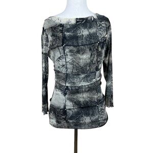 Petit Pois Top Women Large Gray Art To Wear Mesh Sheer 3/4 Sleeve Pleated Blouse